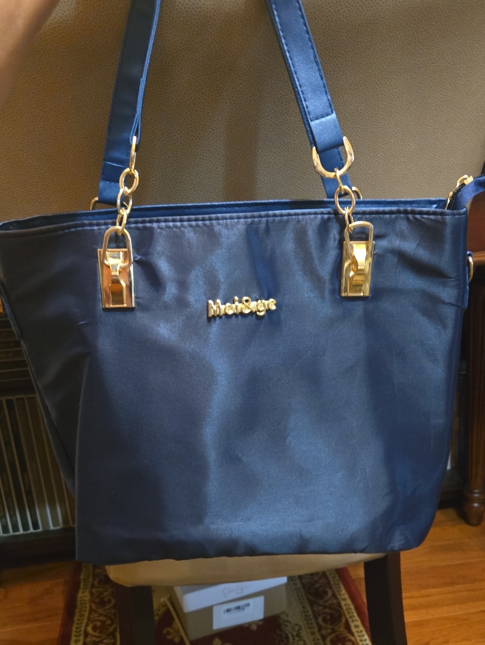 Navy Nylon Tote Bag Mei & Ge with Gold Hardware